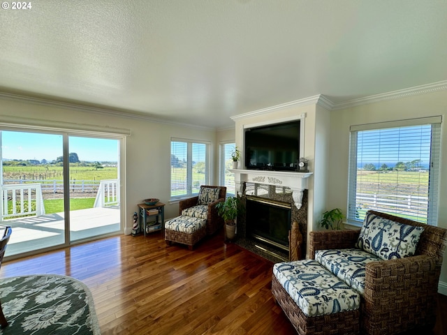 98694 Woodriff Ln, Brookings, OR 97415 - living area with crown molding, plenty of natural light, dark wood-type flooring, and a high end fireplace