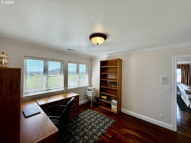 98694 Woodriff Ln, Brookings, OR 97415 - office area with dark wood-style flooring, crown molding, baseboards, and visible vents