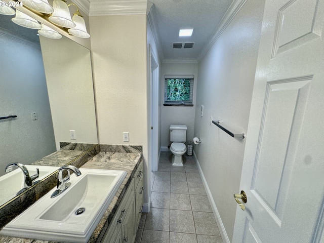 98694 Woodriff Ln, Brookings, OR 97415 - bathroom with toilet, vanity, visible vents, tile patterned floors, and crown molding