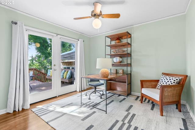 6611 SE 40th Ave, Portland, OR 97202 - home office featuring wood finished floors, a ceiling fan, and ornamental molding