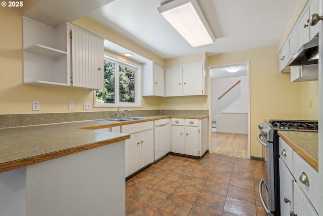 6120 SW Cross Creek Dr, Beaverton, OR 97078 - kitchen featuring stainless steel range with gas cooktop, white dishwasher, open shelves, white cabinets, and under cabinet range hood