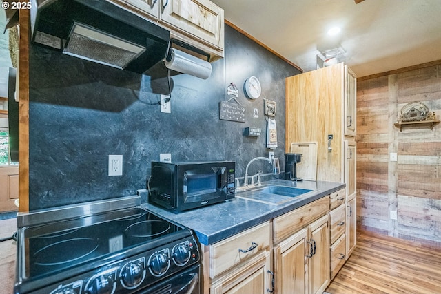 241 Jackson Rd, Cook, WA 98605 - kitchen with black appliances, a sink, light wood finished floors, wood walls, and dark countertops