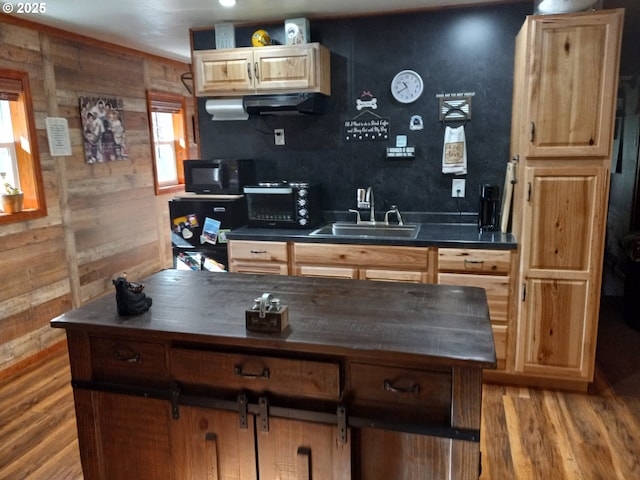 kitchen featuring light wood-style floors, dark countertops, black microwave, and a sink