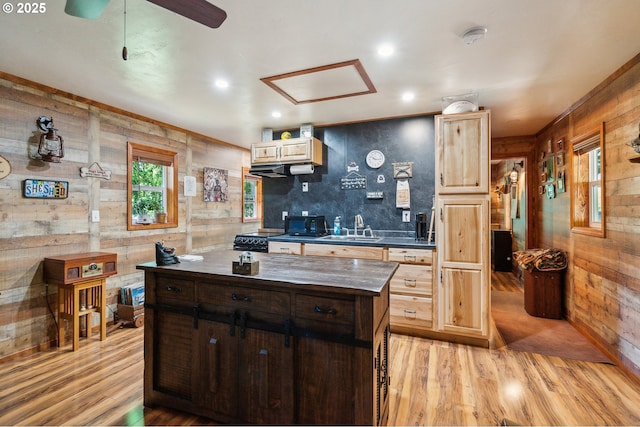 241 Jackson Rd, Cook, WA 98605 - kitchen with wood walls, light wood-style flooring, a sink, ceiling fan, and light brown cabinets