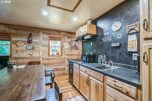 241 Jackson Rd, Cook, WA 98605 - kitchen featuring a sink, dark countertops, black appliances, light wood-style floors, and wood walls