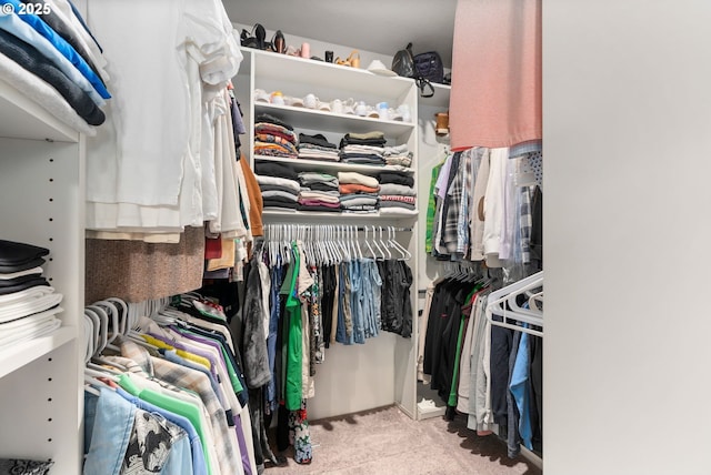 walk in closet featuring light carpet