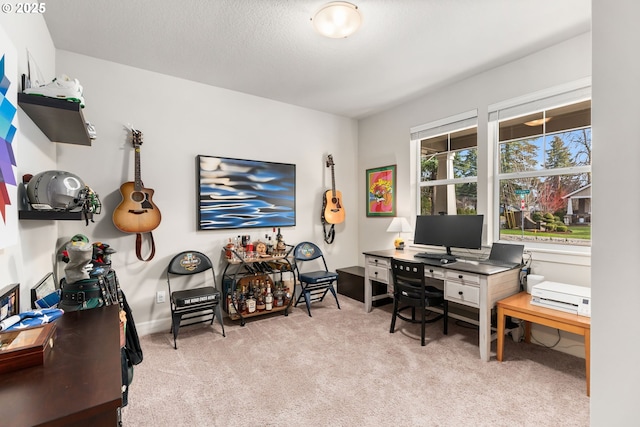 carpeted office space with a textured ceiling