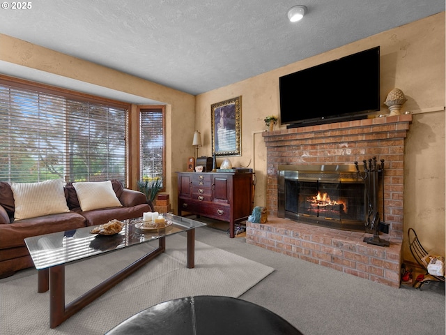 67 NW Orchard Pl, Gresham, OR 97030 - carpeted living area with a brick fireplace and a textured ceiling