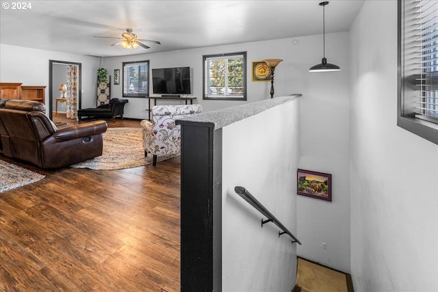 living room with a ceiling fan and wood finished floors