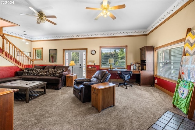 living area with carpet flooring, ceiling fan, and stairs