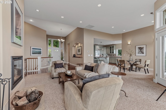 335 Runyan Rd, Woodland, WA 98674 - carpeted living room featuring recessed lighting, a chandelier, and baseboards