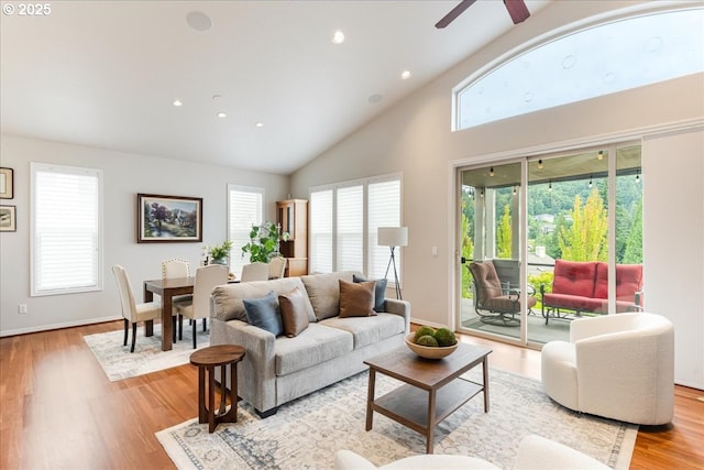 626 SE 38th Dr, Gresham, OR 97080 - living area with plenty of natural light, high vaulted ceiling, light wood-style flooring, a ceiling fan, and recessed lighting