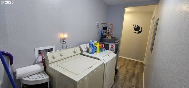 94191 Seaview Ln, Gold Beach, OR 97444 - laundry area featuring washer and dryer, dark wood-style floors, a textured wall, and baseboards