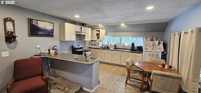 94191 Seaview Ln, Gold Beach, OR 97444 - kitchen featuring white appliances, under cabinet range hood, a sink, a peninsula, and a textured ceiling