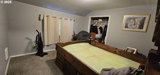 94191 Seaview Ln, Gold Beach, OR 97444 - bedroom featuring dark carpet, vaulted ceiling, baseboards, a closet, and a textured wall