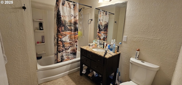 94191 Seaview Ln, Gold Beach, OR 97444 - bathroom featuring a textured wall, shower / bath combination with curtain, vanity, and toilet