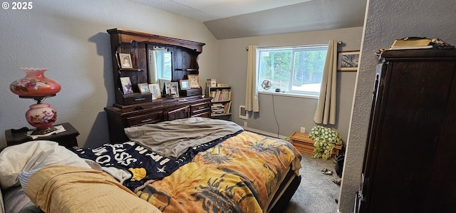 94191 Seaview Ln, Gold Beach, OR 97444 - carpeted bedroom with lofted ceiling and a textured wall