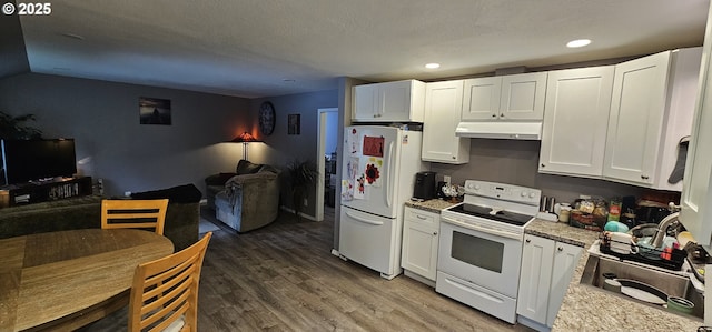 94191 Seaview Ln, Gold Beach, OR 97444 - kitchen with white appliances, under cabinet range hood, open floor plan, wood finished floors, and recessed lighting