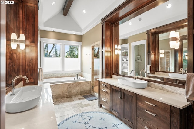 5390 NW Roanoke Ln, Portland, OR 97229 - full bathroom with vanity, a bath, and recessed lighting