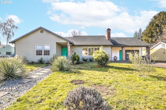 ranch-style house featuring a garage, roof with shingles, a chimney, and a front lawn