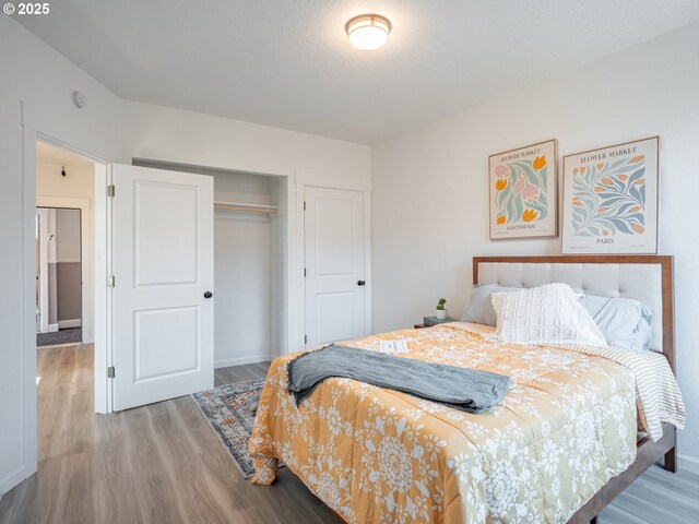 bedroom featuring a closet and light wood-type flooring