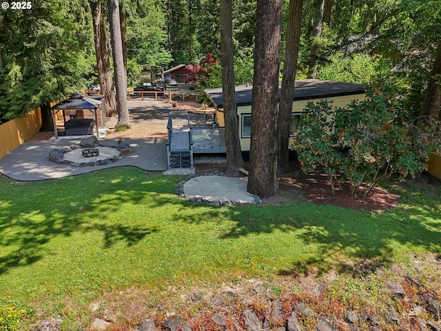 28831 SE Woods Rd, Eagle Creek, OR 97022 - view of yard featuring a gazebo, an outdoor fire pit, a patio, and a deck