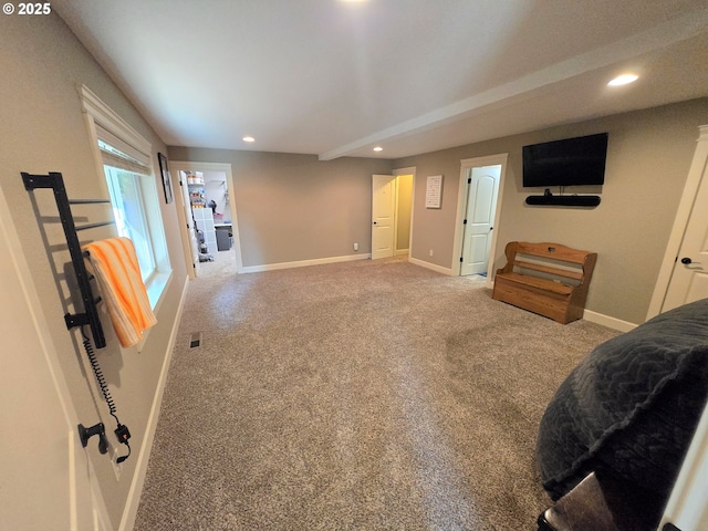 bedroom featuring baseboards, carpet, recessed lighting, and visible vents