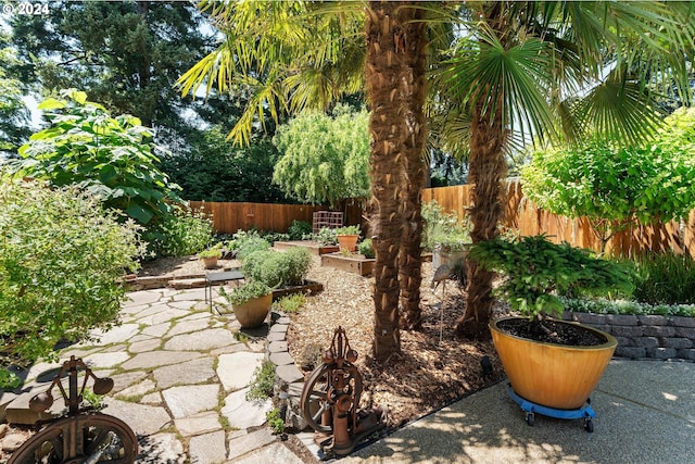 view of patio with fence private yard and a vegetable garden