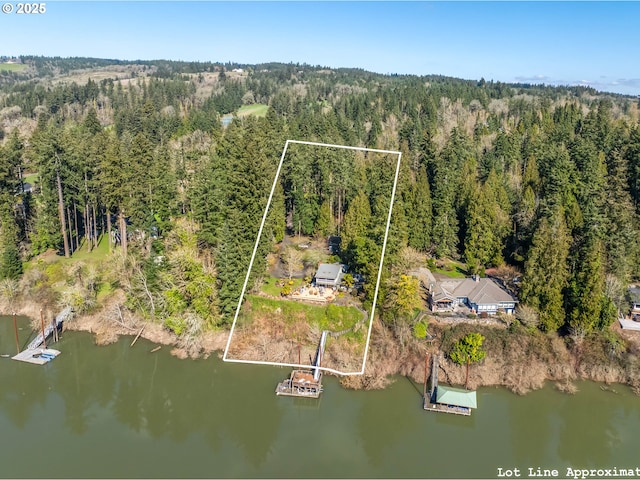 aerial view featuring a water view and a wooded view