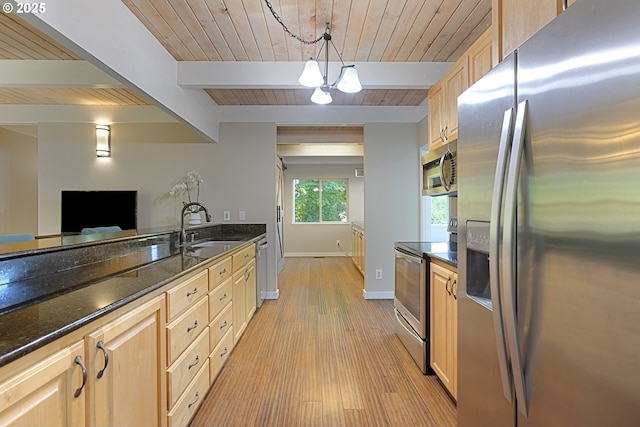 28825 SW Grahams Ferry Rd, Wilsonville, OR 97070 - kitchen with stainless steel appliances, a wood ceiling with exposed beams, light brown cabinets, light wood finished floors, and a chandelier