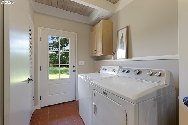 28825 SW Grahams Ferry Rd, Wilsonville, OR 97070 - washroom with cabinet space, washing machine and clothes dryer, dark tile patterned flooring, and wooden ceiling