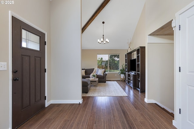 28825 SW Grahams Ferry Rd, Wilsonville, OR 97070 - foyer entrance with high vaulted ceiling, dark wood-style flooring, a chandelier, and beam ceiling