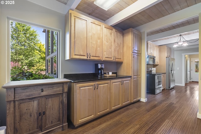 28825 SW Grahams Ferry Rd, Wilsonville, OR 97070 - kitchen featuring stainless steel appliances, a chandelier, dark wood finished floors, and a wood ceiling with exposed beams