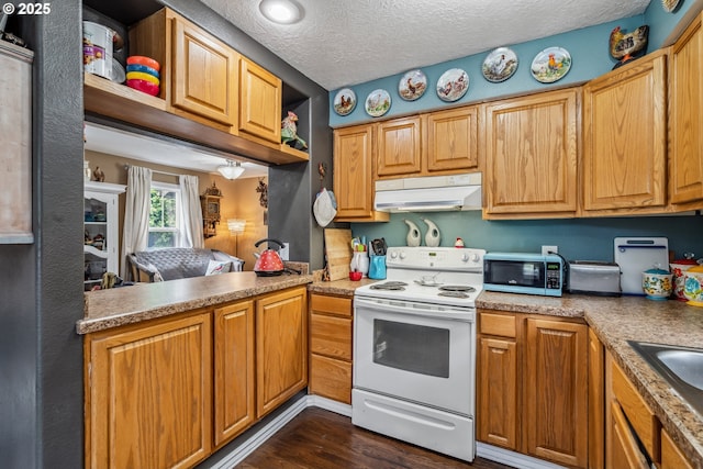 623 10th Ave, Albany, OR 97321 - kitchen with electric stove, under cabinet range hood, dark wood finished floors, open shelves, and a textured ceiling