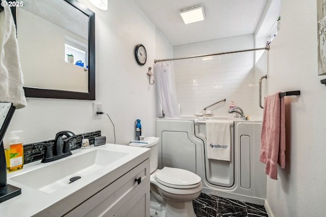 623 10th Ave, Albany, OR 97321 - bathroom featuring marble finish flooring, vanity, and shower / bathtub combination with curtain