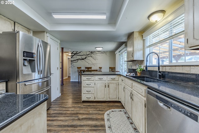 kitchen with dark wood-style floors, a peninsula, a tray ceiling, a sink, and appliances with stainless steel finishes