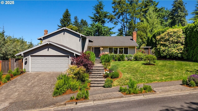 1437 Greentree Cir, Lake Oswego, OR 97034 - split level home featuring a chimney, a garage, and driveway