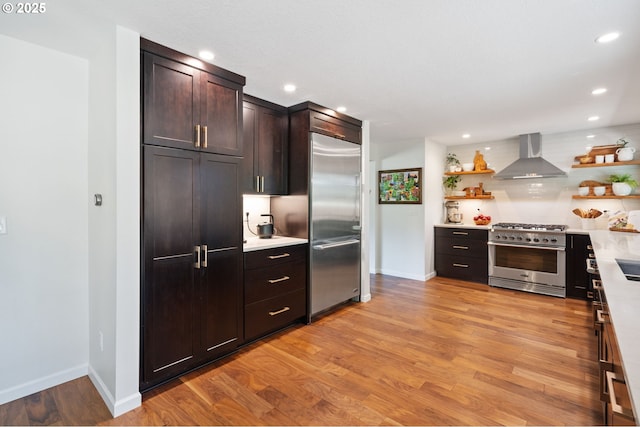 1437 Greentree Cir, Lake Oswego, OR 97034 - kitchen featuring premium appliances, wall chimney exhaust hood, open shelves, light wood-style floors, and baseboards