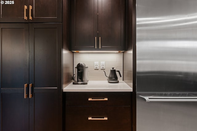 1437 Greentree Cir, Lake Oswego, OR 97034 - kitchen featuring stainless steel fridge, dark brown cabinetry, tasteful backsplash, and light countertops