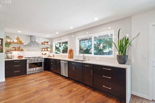 1437 Greentree Cir, Lake Oswego, OR 97034 - kitchen featuring appliances with stainless steel finishes, open shelves, wall chimney exhaust hood, a sink, and light wood-style floors