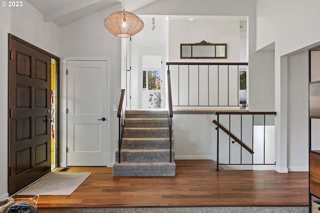 1437 Greentree Cir, Lake Oswego, OR 97034 - entrance foyer with wood finished floors, vaulted ceiling, baseboards, and stairs