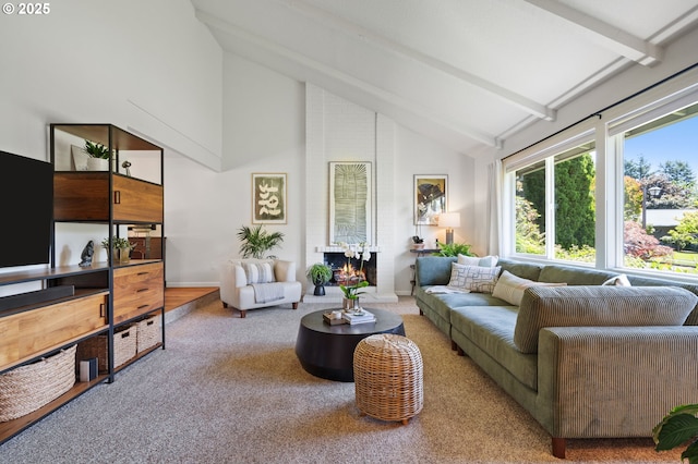 1437 Greentree Cir, Lake Oswego, OR 97034 - carpeted living area with high vaulted ceiling, beam ceiling, baseboards, and a brick fireplace