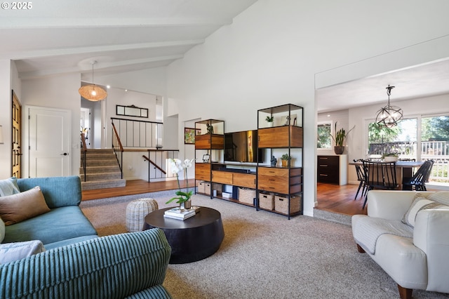 1437 Greentree Cir, Lake Oswego, OR 97034 - living room with stairway, carpet floors, and a chandelier