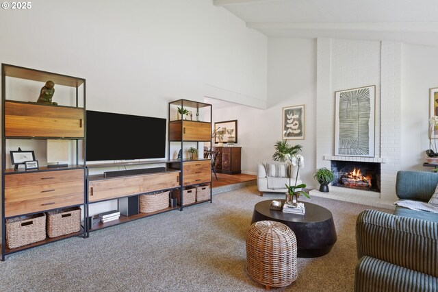 1437 Greentree Cir, Lake Oswego, OR 97034 - carpeted living room with a fireplace and high vaulted ceiling