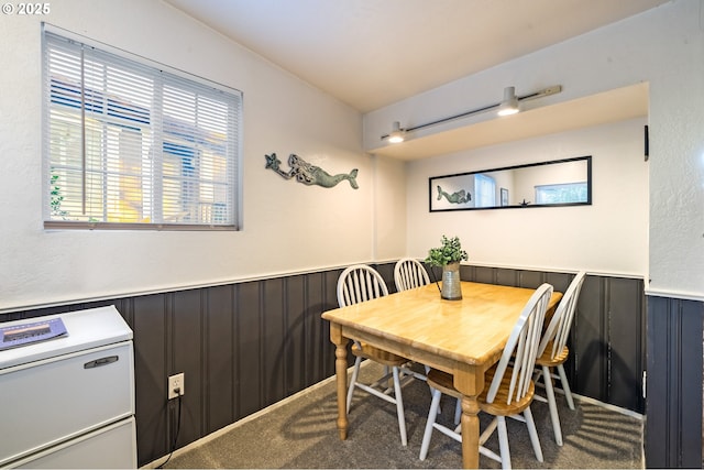 carpeted dining space featuring a wainscoted wall and wooden walls