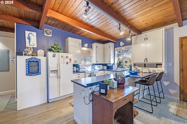 kitchen with white cabinetry, white appliances, wood ceiling, and a peninsula