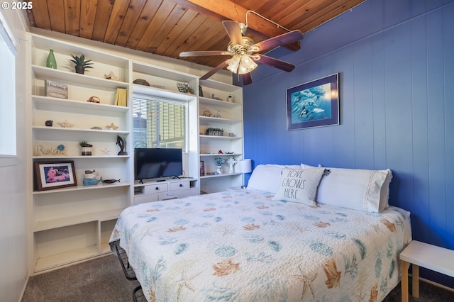 bedroom featuring ceiling fan, carpet floors, and wooden ceiling