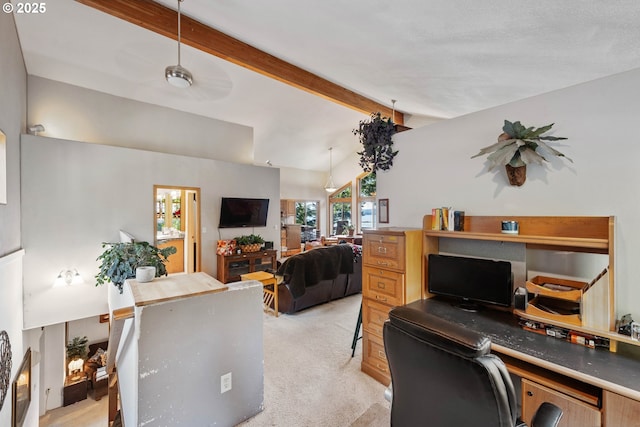 office space with light colored carpet and lofted ceiling with beams