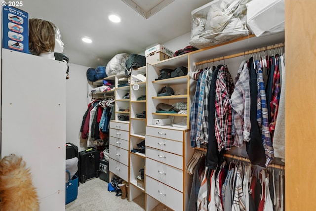 walk in closet featuring light colored carpet