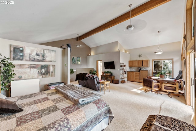 bedroom with light carpet, beam ceiling, and high vaulted ceiling